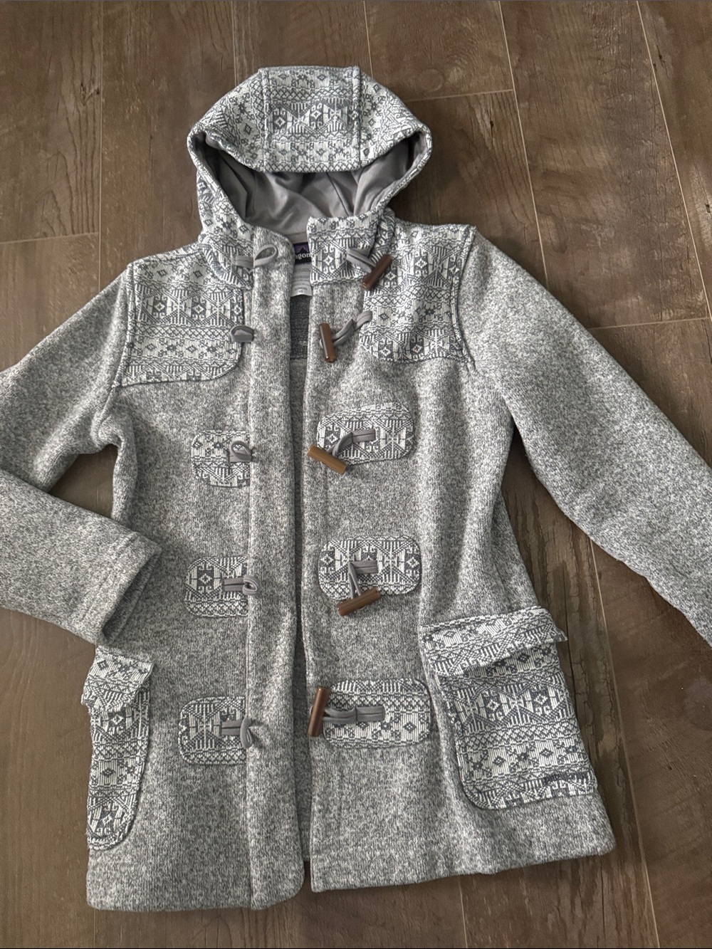 Patagonia Gray Hooded Toggle Pea Coat with Patterned Accents